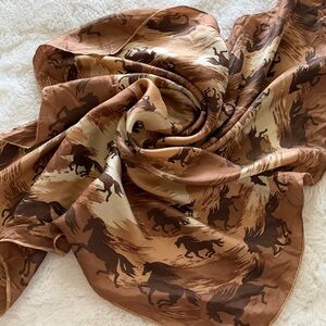 Vintage Horse Print Scarf 26” x 26” Western Equestrian Brown Tan